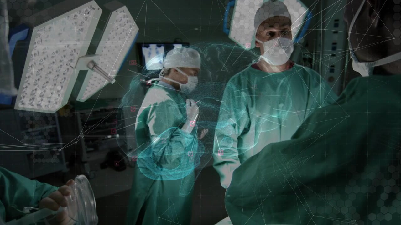Surgical team responding as teal AR overlay projecting over table, prepping ambu mask for surgery