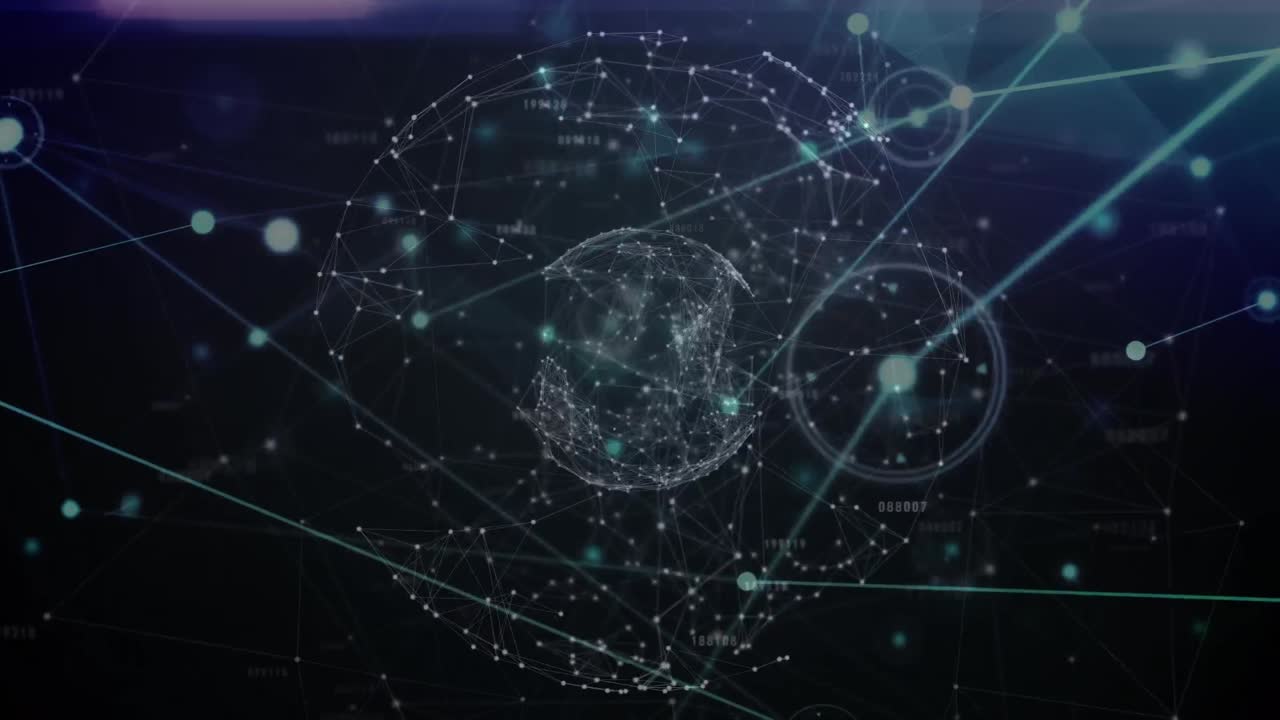 Animação de uma rede de conexões com ícones e processamento de dados em fundo azul.