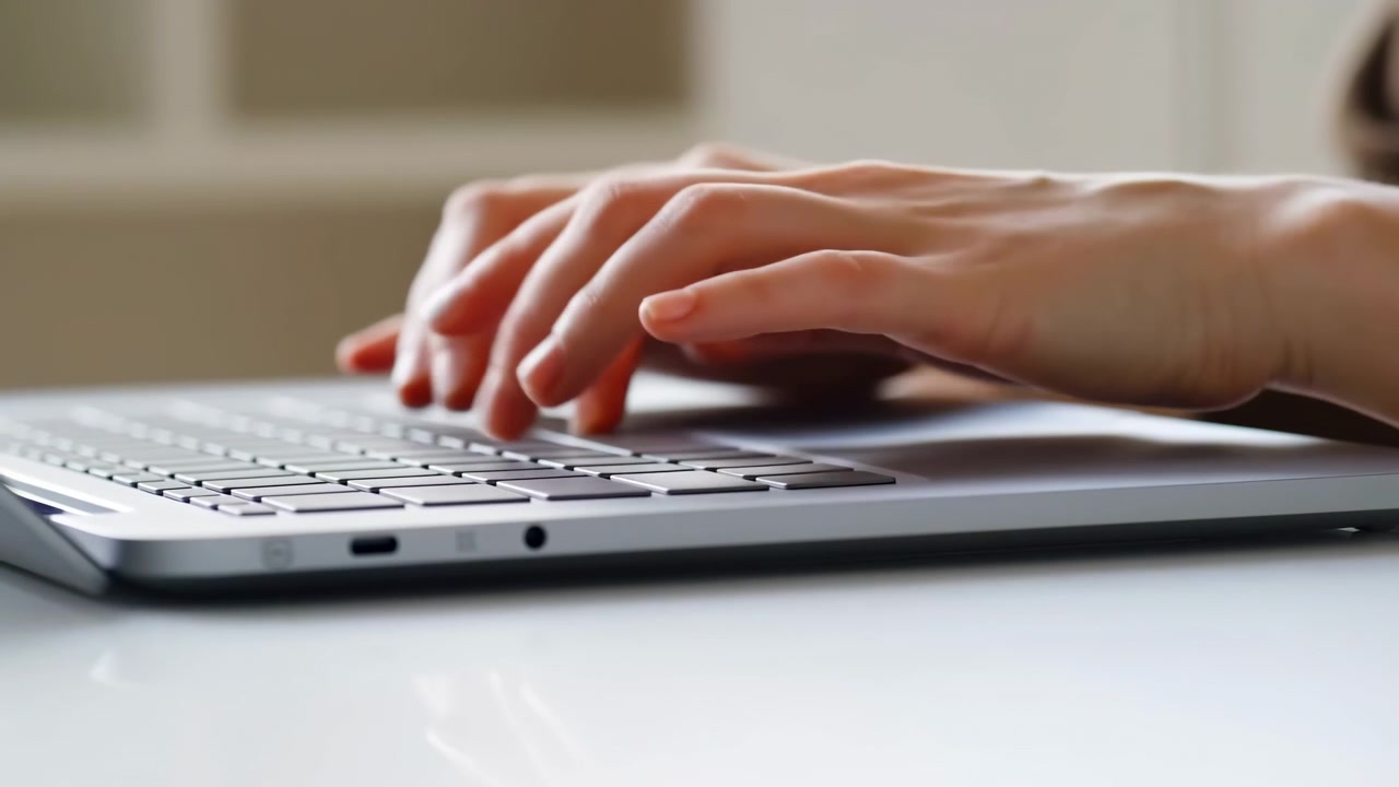 Primo piano che segue i movimenti ripetuti delle dita mentre le mani lavorano sui tasti del laptop su un tavolo bianco riflettente, incorniciato contro un interno leggermente sfocato con calda luce naturale