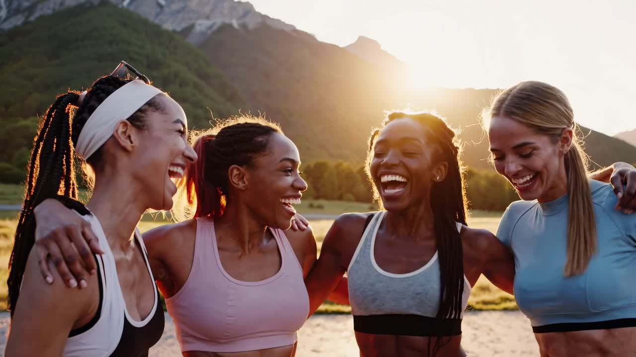 Four women in athletic wear share a joyful moment outdoors at sunset