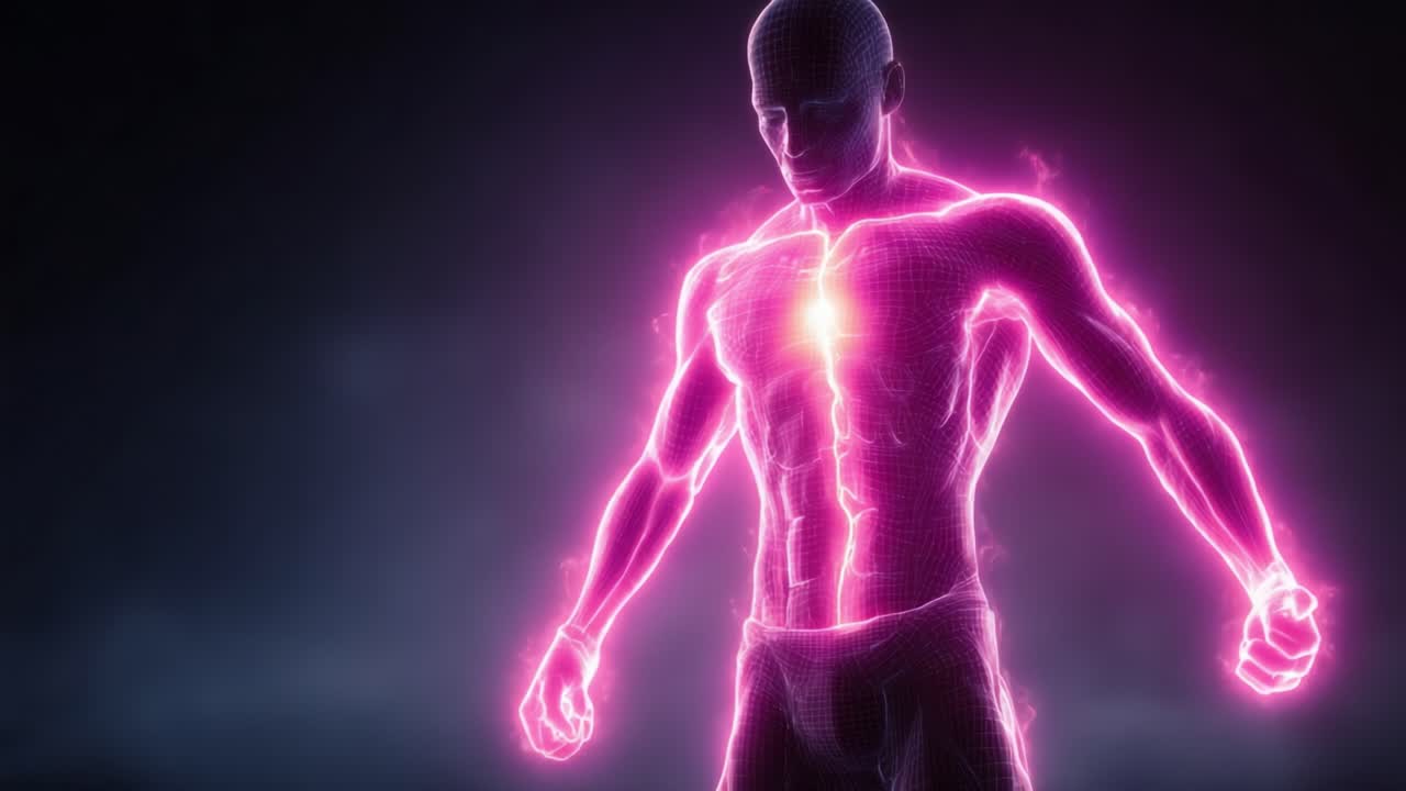 A powerful representation of human energy, encapsulated in a digital figure emanating vibrant pink light, showcasing strength and vitality in a dark, atmospheric setting