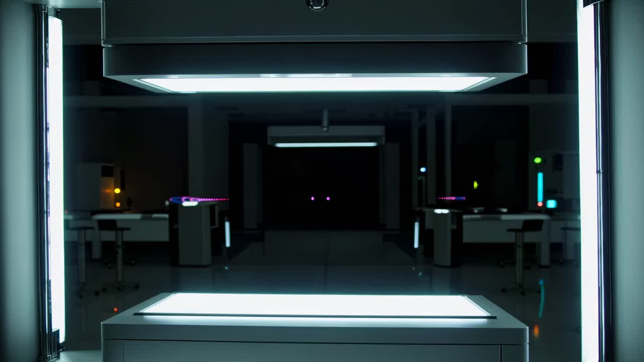 Futuristic lab with neon light trails captured in a symmetrical, straight-on angle