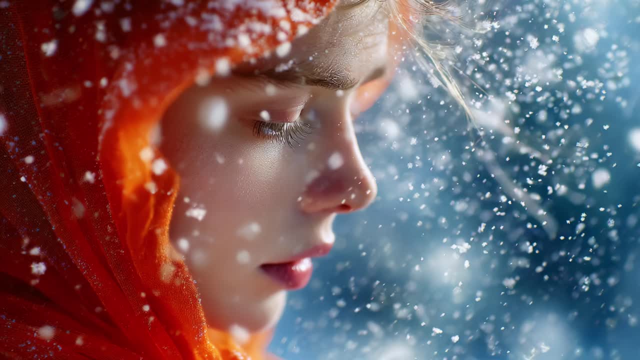 A Young Woman in a Bright Orange Hooded Cloak Stands Against a Snowy Background, Capturing the Essence of Winter with Snowflakes Glistening Around Her Face and Hair