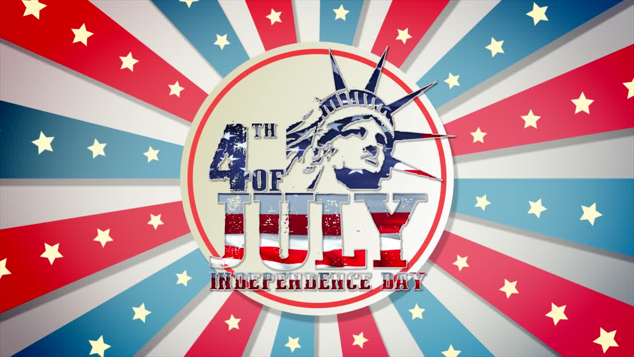 7월 4일을 기념하는 활기차고 깨끗한 애니메이션 모션 그래픽, 중앙 자유의 여신상 디자인, 애니메이션 스타 스팽글 배너, 애국적인 빨간색, 흰색 및 파란색