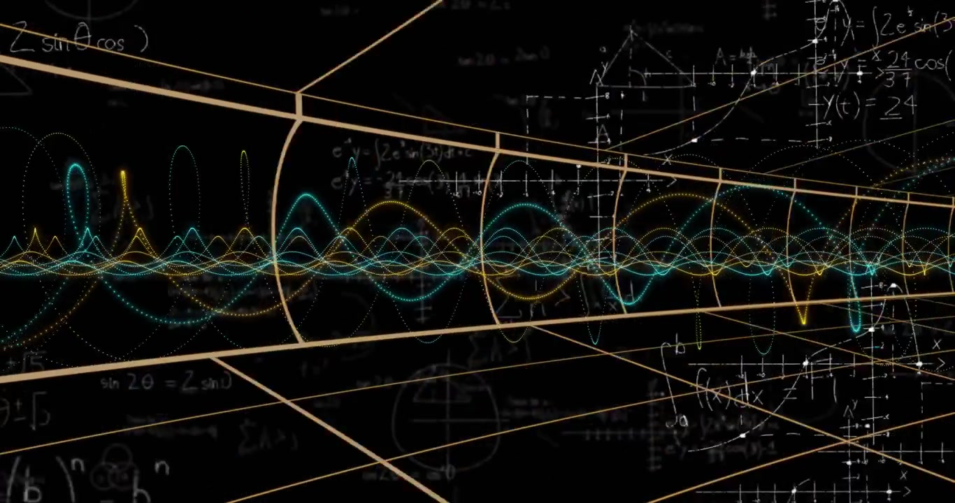 Abstract Mathematical Equations and Sine Waves Moving Through a 3D Grid