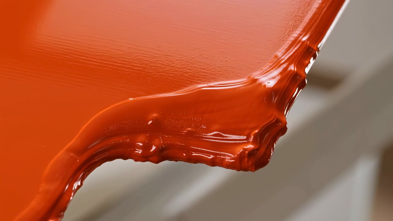 Extreme close-up shows thick glossy orange paint pooled on smooth horizontal surface, spilling over edge into rounded beads and layered drips, with bright highlights and clean minimal contrast