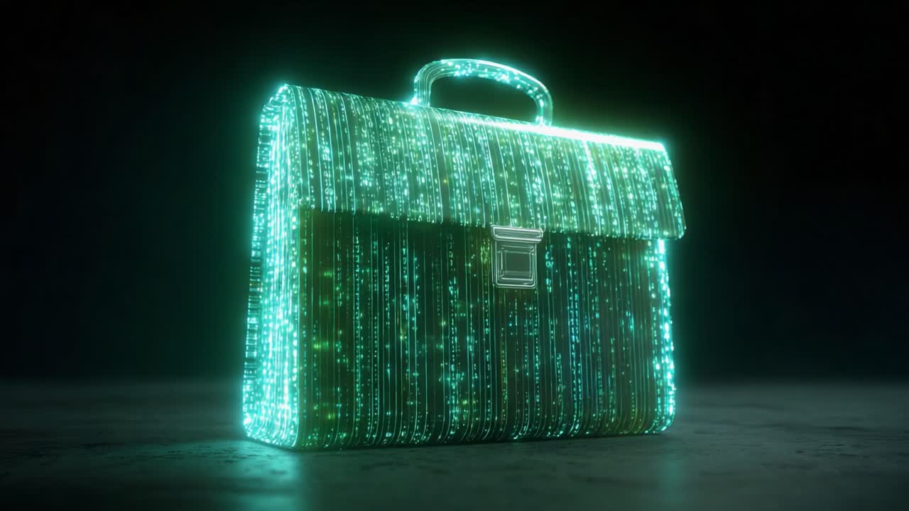 Business briefcase composed of glowing digital binary code against a dark background, representing concepts like cybersecurity, corporate data, digital finance, and futuristic business technology