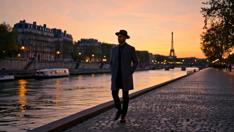 man walking along the seine river at sunset with the eiffel tower in paris