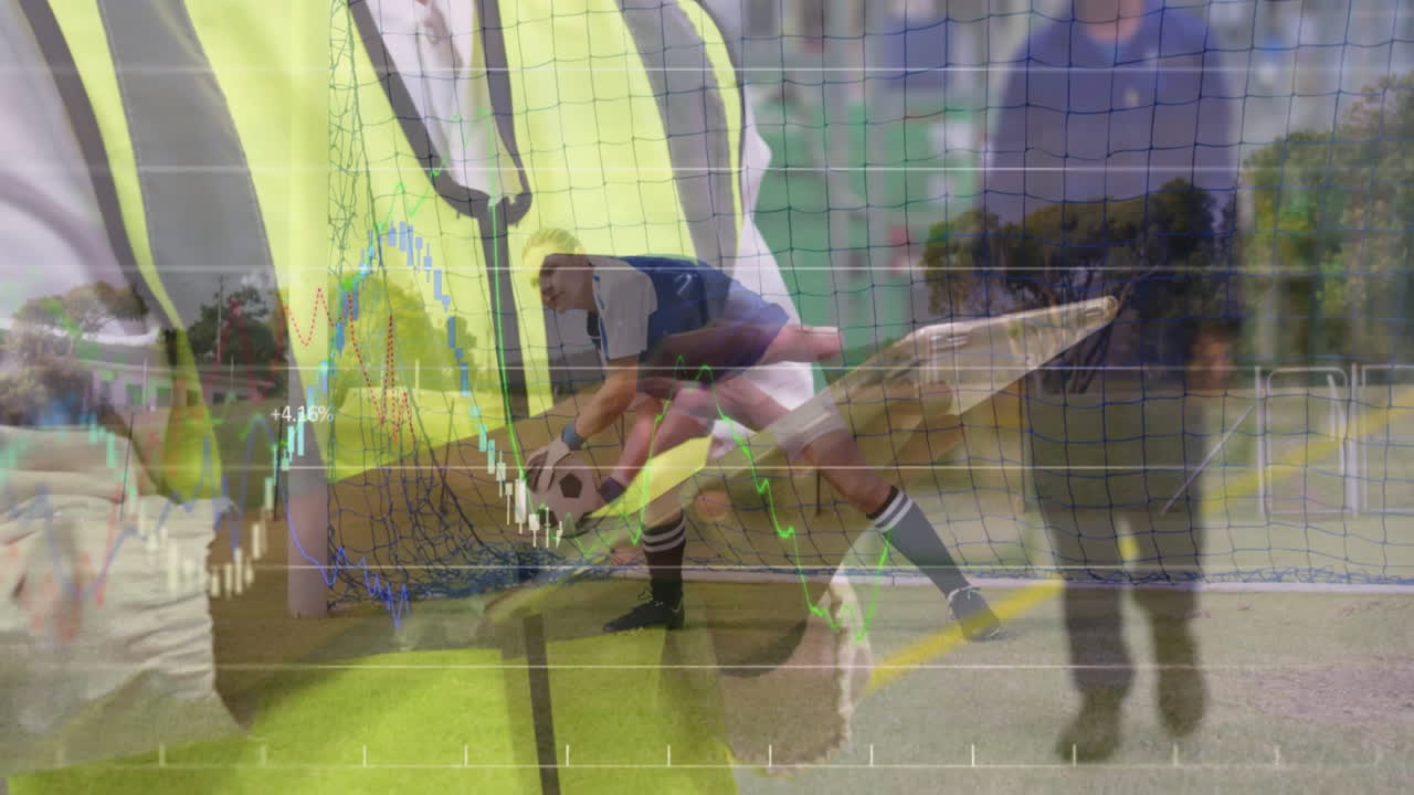 Soccer player kicking ball over financial data and graph animation