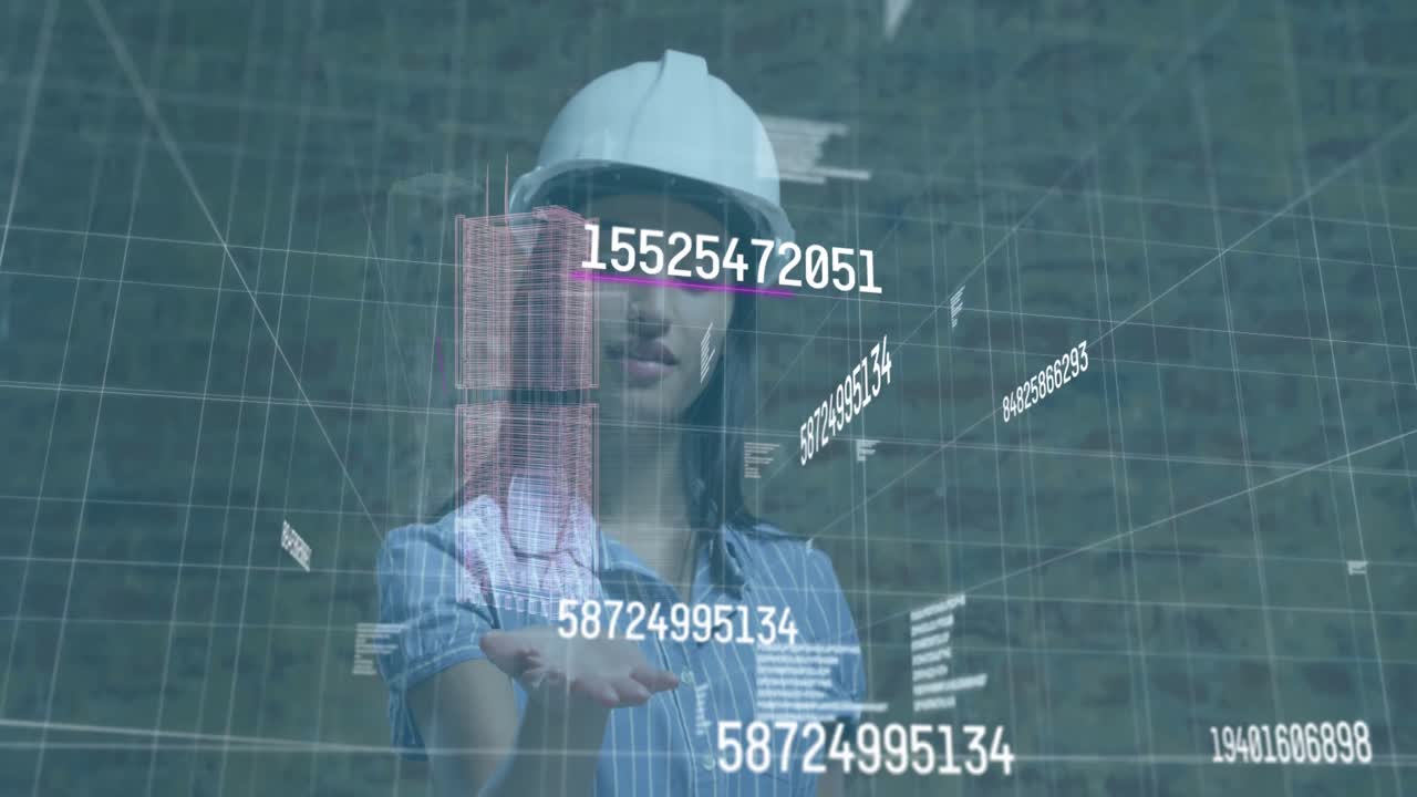 Animation of numbers changing with 3d buildings over female architect's hand