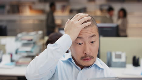 Japanese-Businessman-executive-working-at-computer-using-device-connected-to-global-data-in-busy-corporate-office-very-worried-about-investment