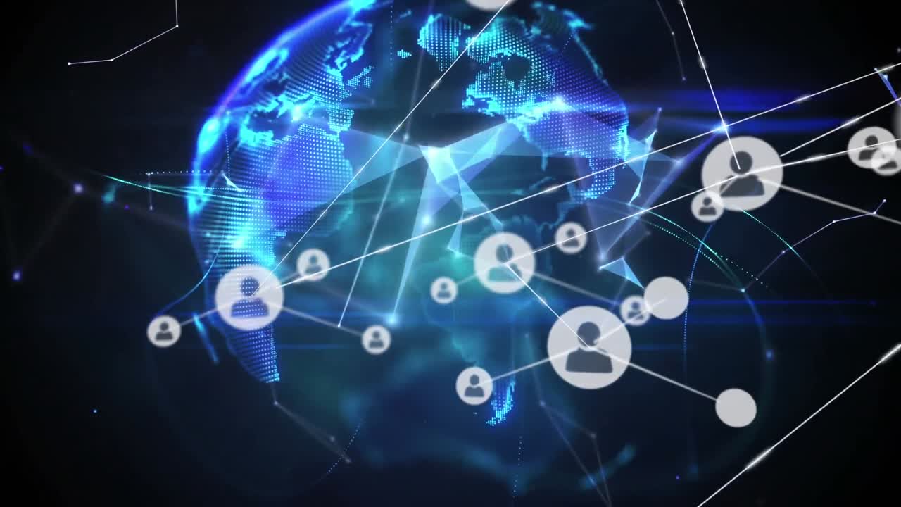 검은색 배경에 있는 플렉서스 네트워크의 회전하는 지구 위의 디지털 아이콘 네트워크의 애니메이션