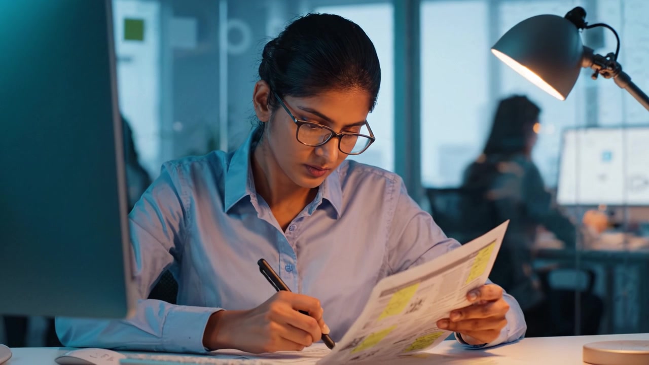 Focused Young Woman Analyzing Documents in Modern Office Setting with Warm Lighting and Productivity Atmosphere, Surrounded by Colleagues Hard at Work.