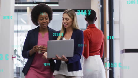 animation of data processing over diverse female colleagues discussing work in office