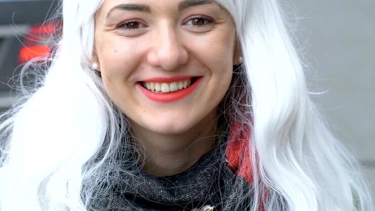 Carnaval op straat. Grappige vrouw met witte pruik in de stad
