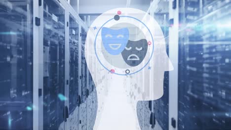 Animation-of-head-with-masks-and-shapes-over-server-room