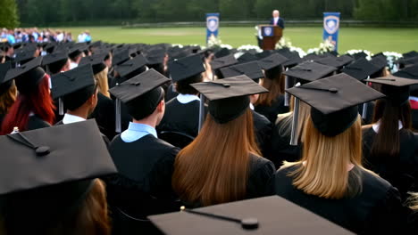 students in graduation caps and gowns at a commencement ceremony