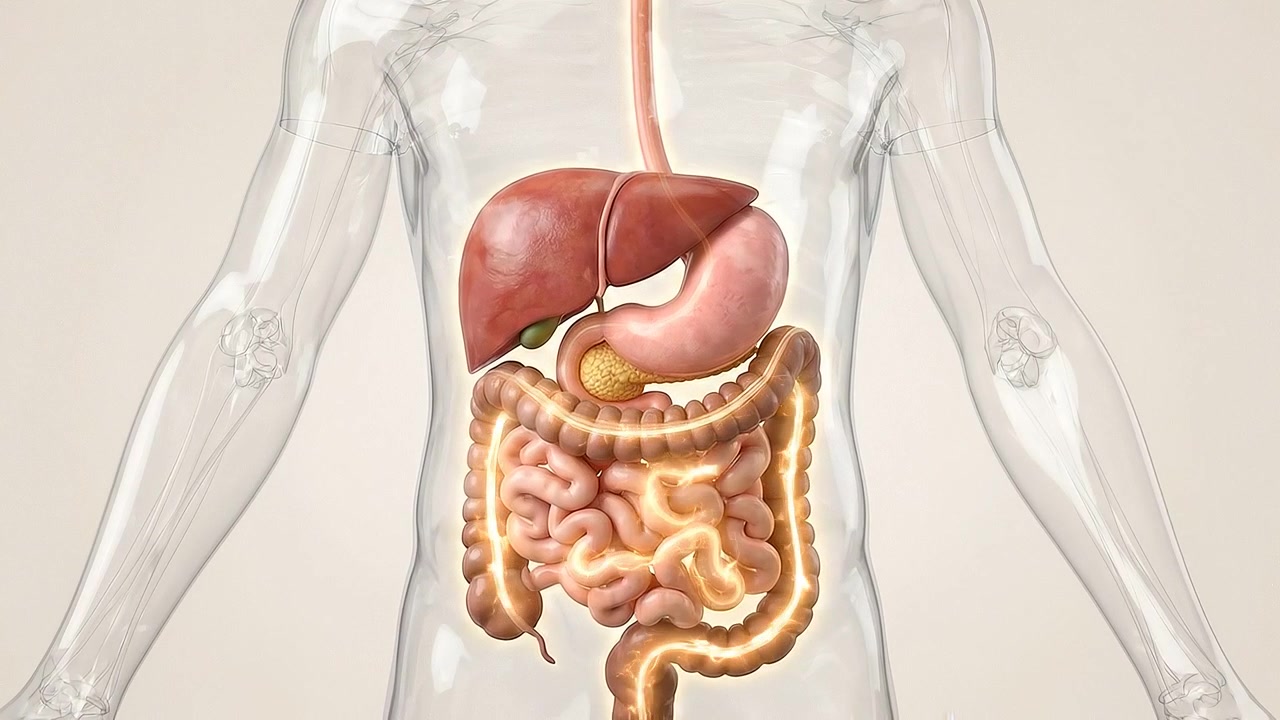 Transparent torso displaying complete digestive system on white background