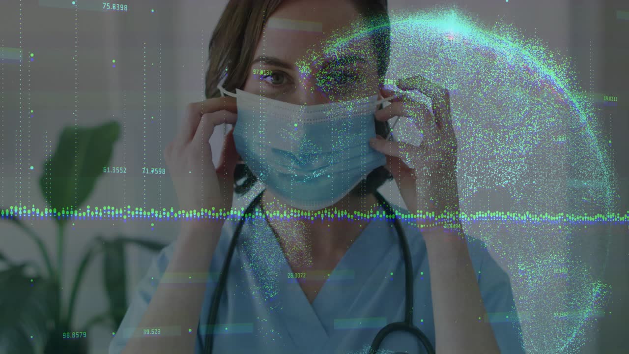 Operatore sanitario che adatta una mascherina chirurgica per la tenuta, mentre un'interfaccia digitale trasparente ne guida l'aderenza.