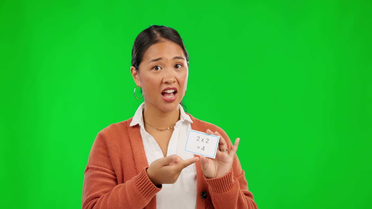 Portrait, woman and maths, teacher on green screen