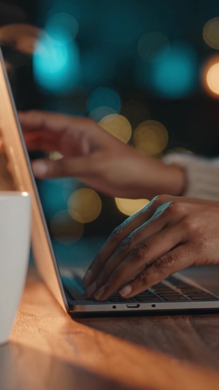 A close-up of hands typing on a laptop keyboard against a blurred background of warm bokeh lights, showcasing a cozy and tech-savvy atmosphere.