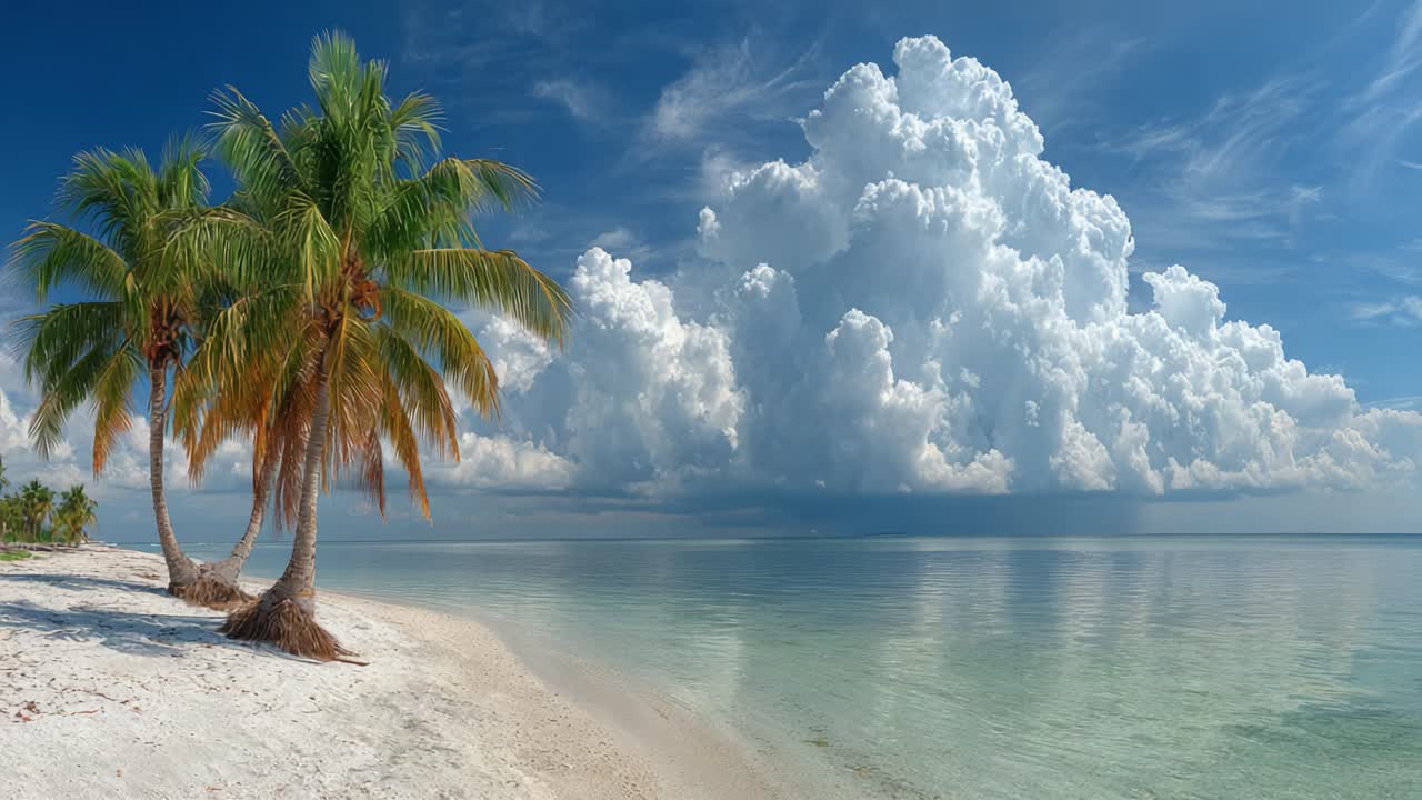 Un tranquillo paradiso tropicale con palme e nuvole suggestive che si riflettono su acque cristalline sotto un cielo azzurro e limpido.