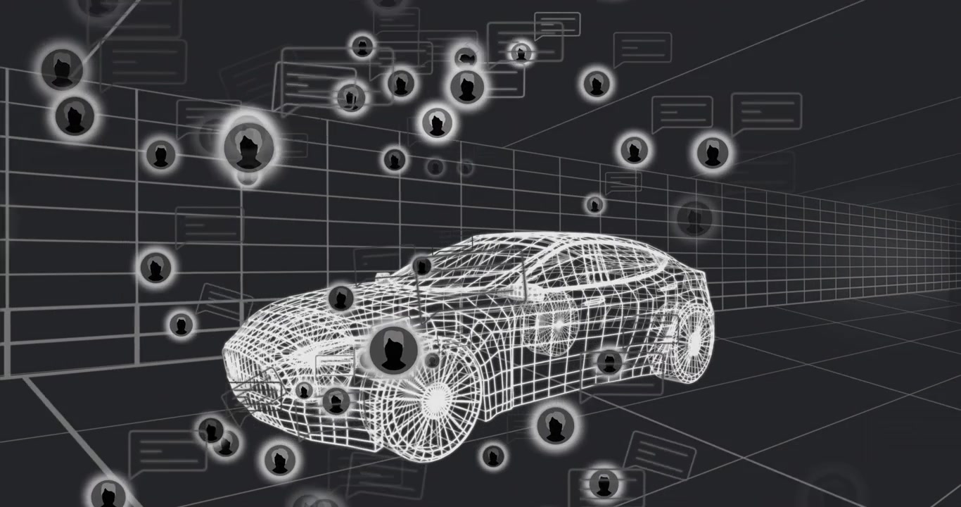 Auto wireframe che naviga in una rete a griglia 3D, mostrando icone di avatar fluttuanti e connessioni tramite bolle di chat