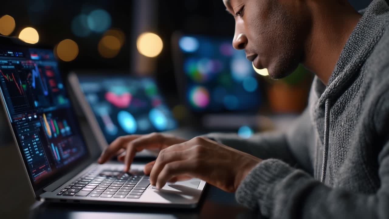 Focused Professional Analyzing Data on Multiple Laptops in a Modern Office with Blurred Lights in the Background, Showcasing Advanced Technological Insights