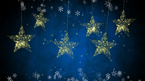 hanging golden stars and snowflakes animation on blue background