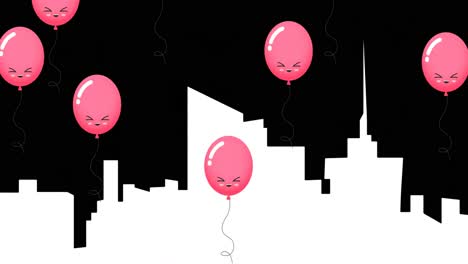 Animación-Digital-De-Múltiples-Globos-Rosados-Flotando-Sobre-El-Paisaje-Urbano-En-Segundo-Plano