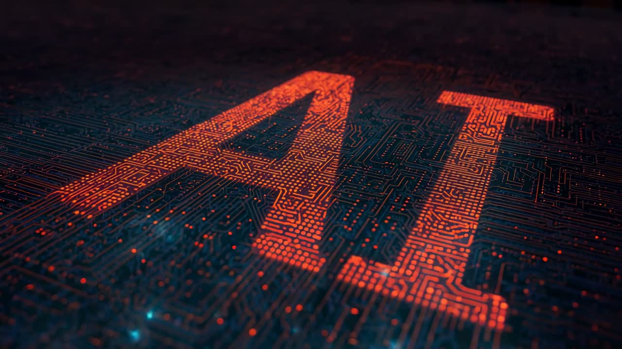 Pulling back camera revealing stylized AI lettering on circuit plane, pulsing nodes tracing data