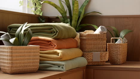cozy home decor with stacked blankets and wicker baskets