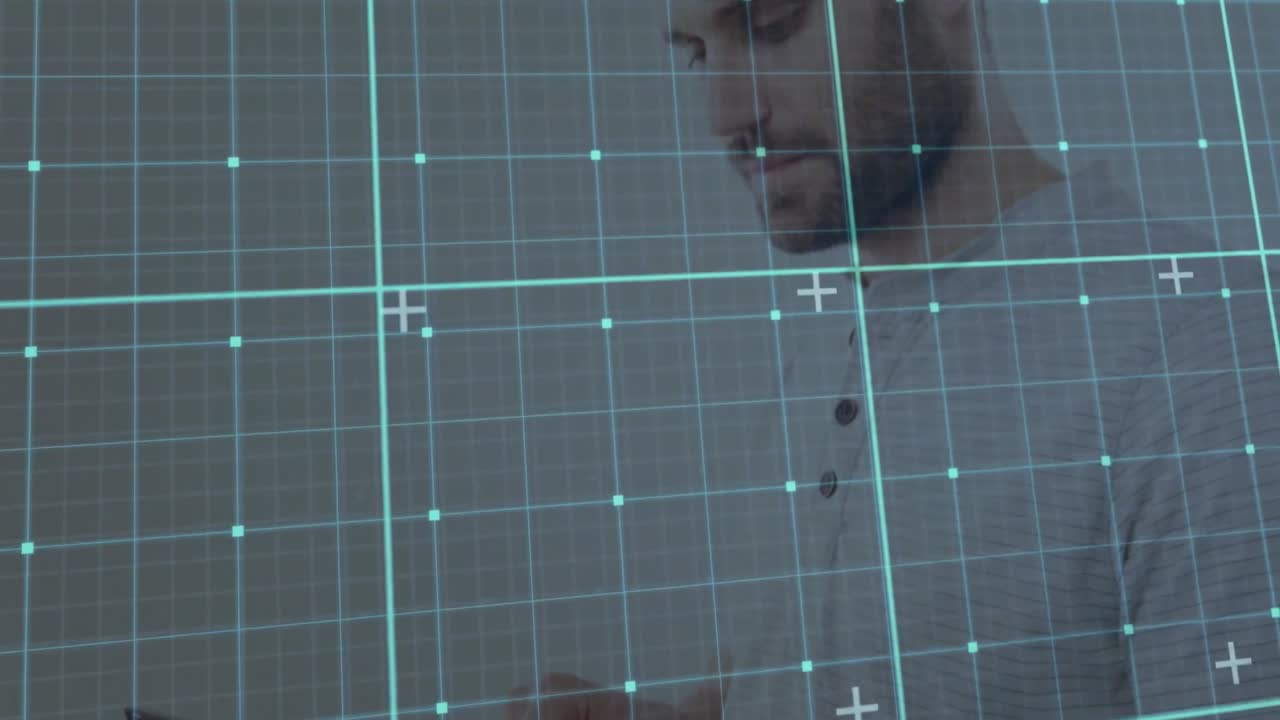 Office worker hand entering and tapping touchscreen device for tech navigation on cyan grid