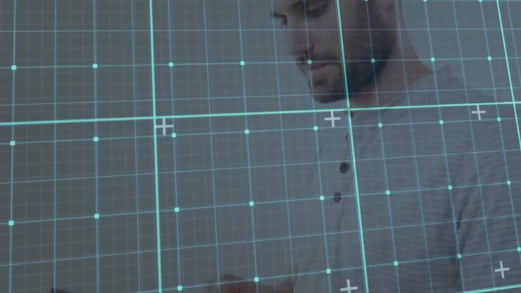 Office worker hand entering and tapping touchscreen device for tech navigation on cyan grid