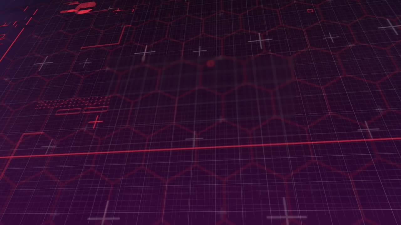 Red grid lines and geometric shapes over dark background, futuristic animation