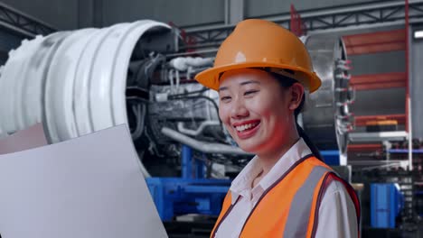 close up side view of asian female engineer with safety helmet looking at blueprint in her hands and looking around while standing with airplane engine maintenance conducted