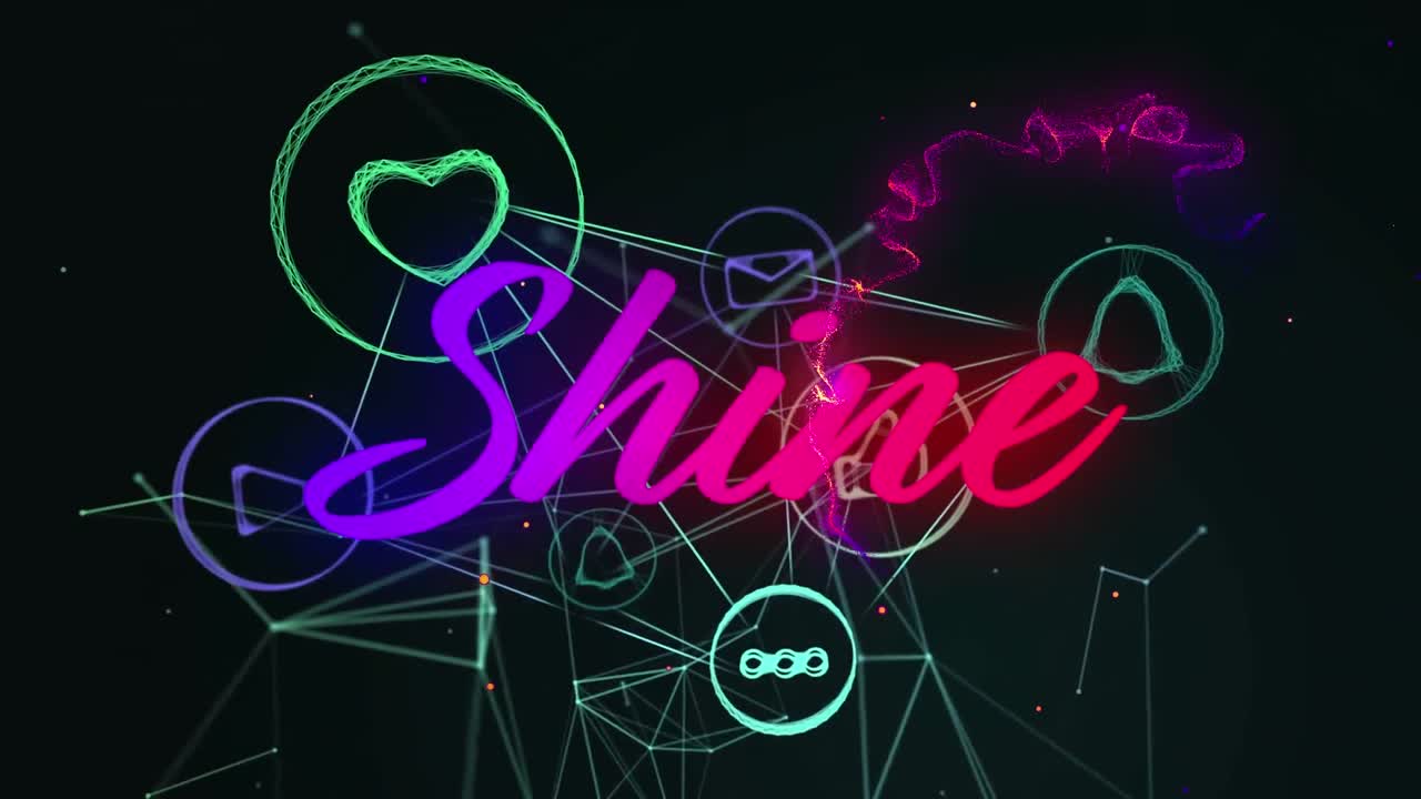 검은 바탕에 디지털 아이콘 위에 무지개 글자로 빛나는 텍스트의 애니메이션