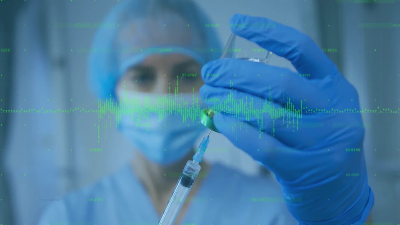 animación del procesamiento de datos financieros sobre la doctora caucásica que tiene la vacuna