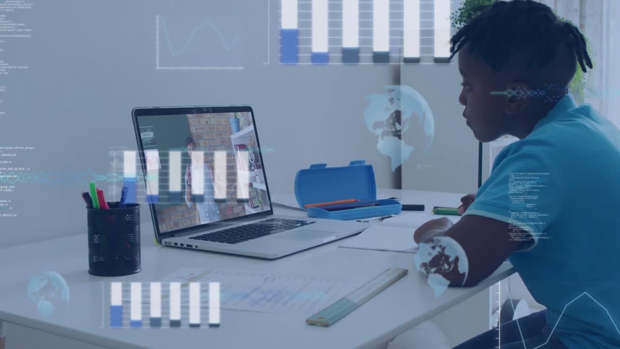 Vertical video: Boy writing, laptop tutor gesturing sparking bar chart and globe, guiding education