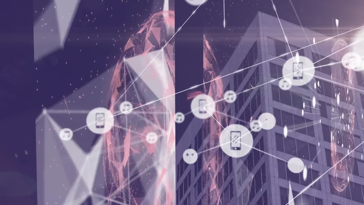 animación de la red de conexiones con iconos sobre el paisaje urbano