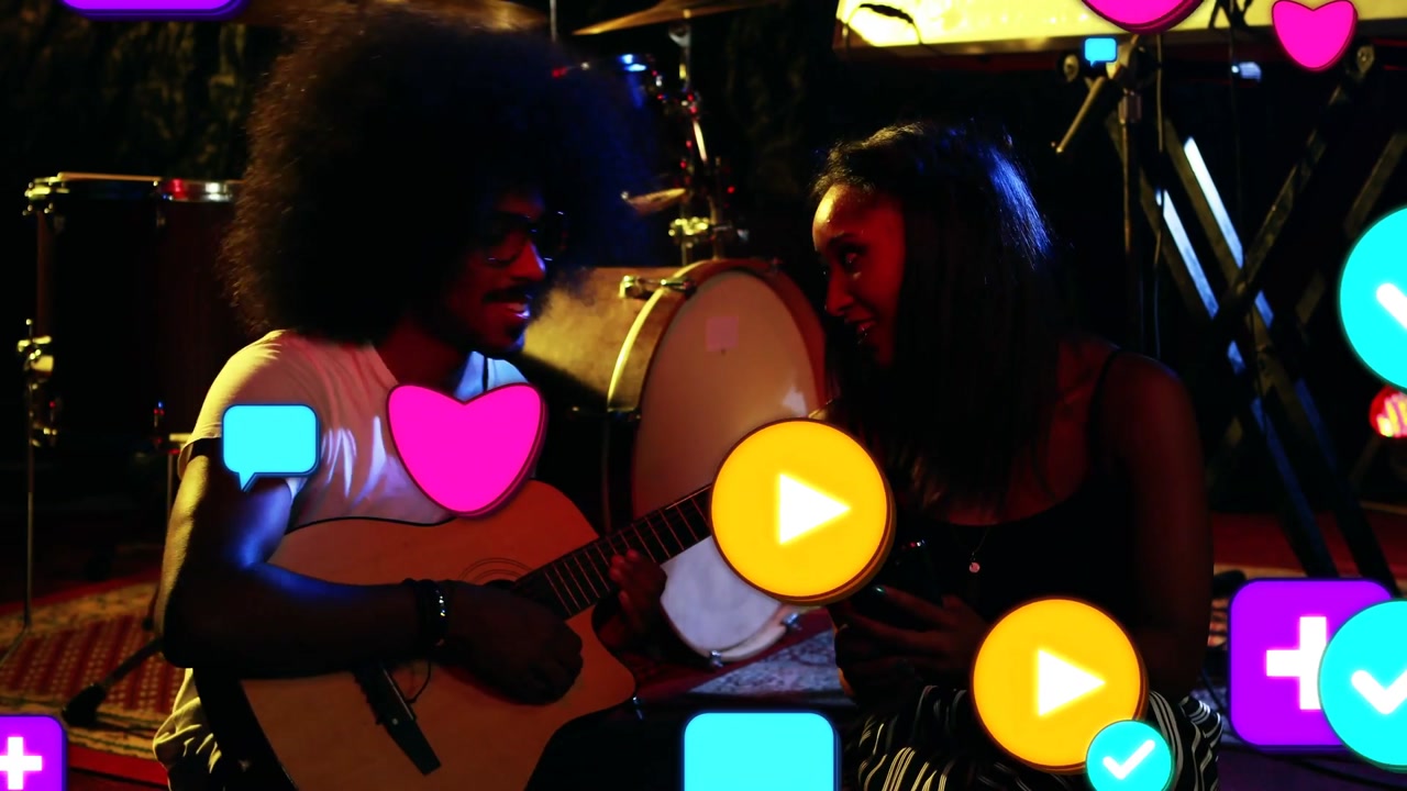 Playing man with guitar and woman checking phone after ping on stage bringing mic, icons spreading