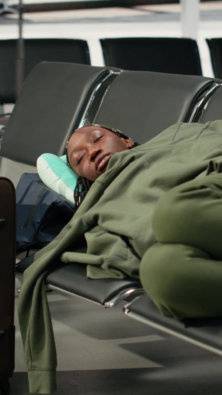Young Woman Sleeping on Airport Terminal Bench