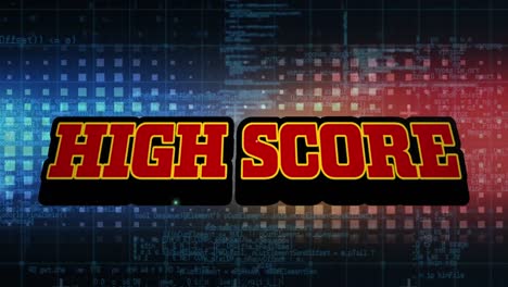 Animation-Von-Highscore-Text-über-Formen-Und-Datenverarbeitung-Auf-Schwarzem-Hintergrund