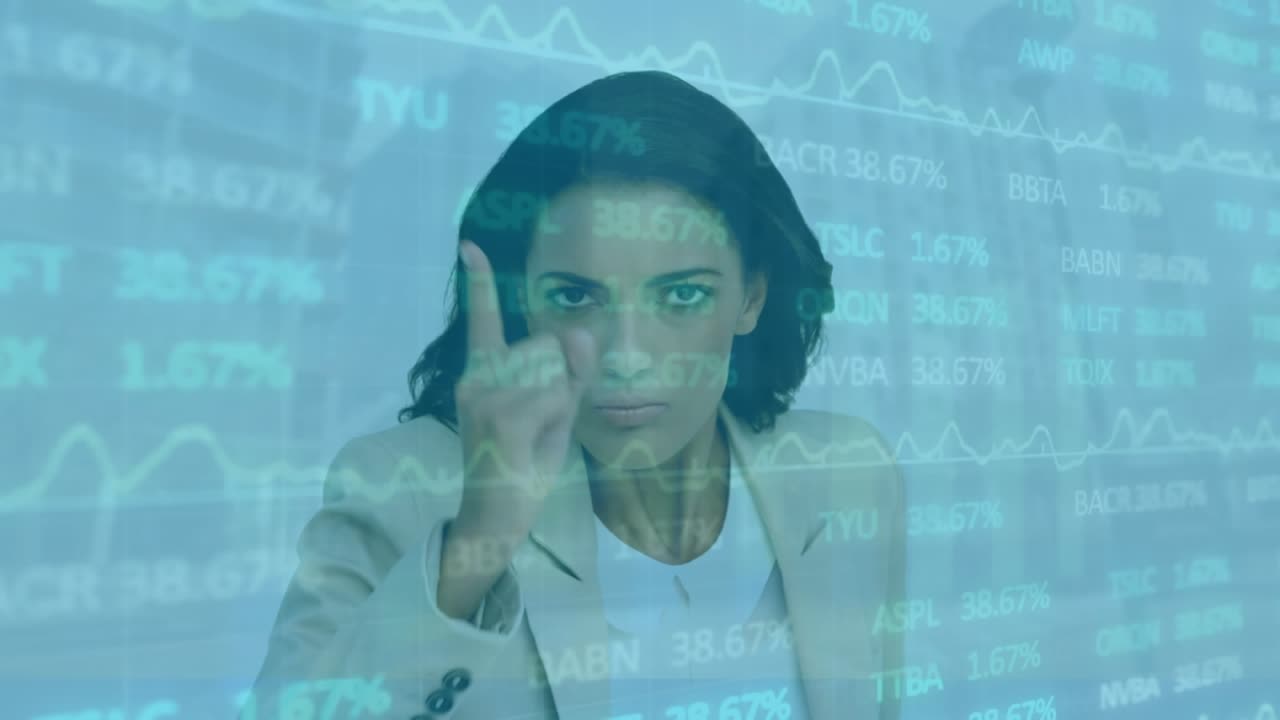 Animation of data processing over caucasian businesswoman wagging finger