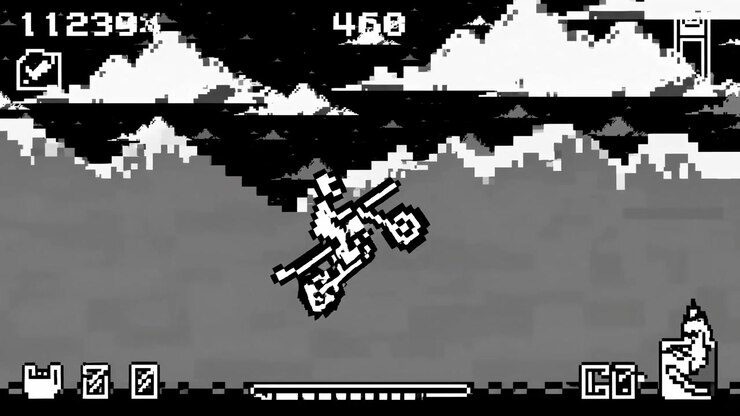 Gameplay di un gioco di motocross in pixel art con salti acrobatici