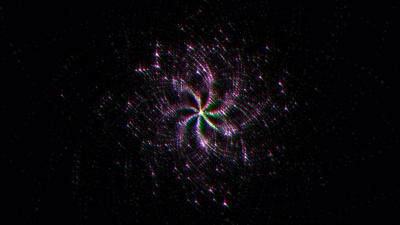 Loop center of beautiful glowing light sparkling magical dust particles in star shape rotation on black background. 4K 3D seamless loop animation glitter abstract background for celebration with light and shine in center. Stage event BG.