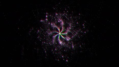 loop center of beautiful glowing light sparkling magical dust particles in star shape rotation on black background. 4k 3d seamless loop animation glitter abstract background for celebration with light and shine in center. stage event bg.