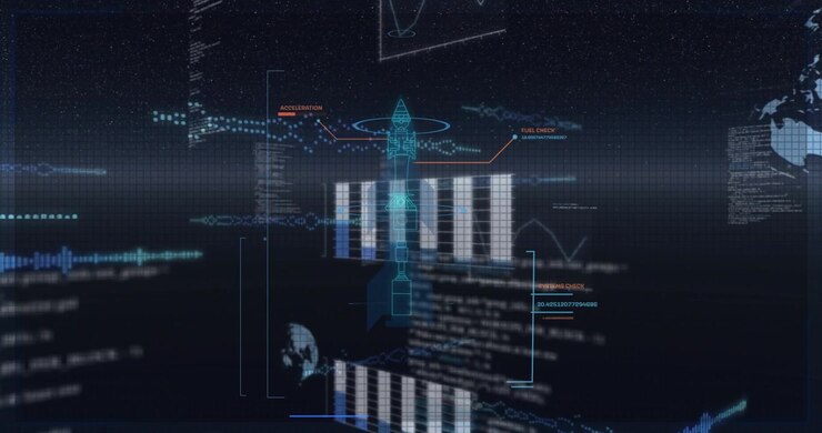 Starfield showing, cyan stack rising while charts sliding and red labels attaching, forming HUD