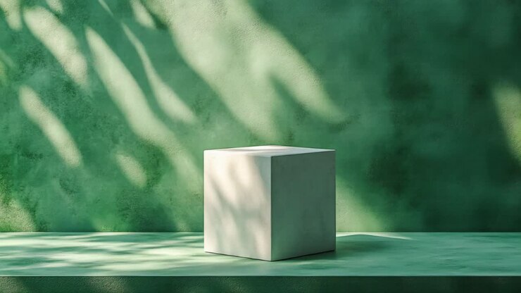 Espositore a cubo bianco contro una parete verde con luce naturale
