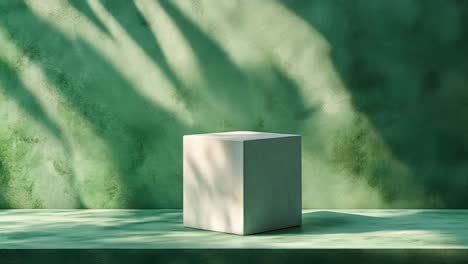 white cube display stand against a green wall with natural light